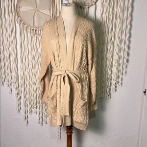 Peruvian Connection Cream Cable Knit Open Front Tie Waist Cardigan M